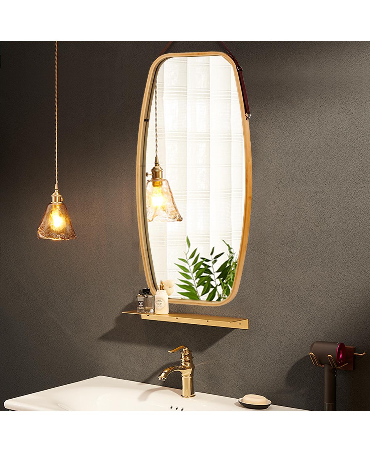 Sugift Modern Wall Mirror with Bamboo Frame and Adjustable Leather Strap