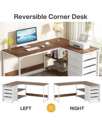 L Shaped Computer Desk with Storage Drawers, 59 inch Corner Desk with Shelves, Reversible L-Shaped Office Desk Study Writing Table Workstation for Home Office