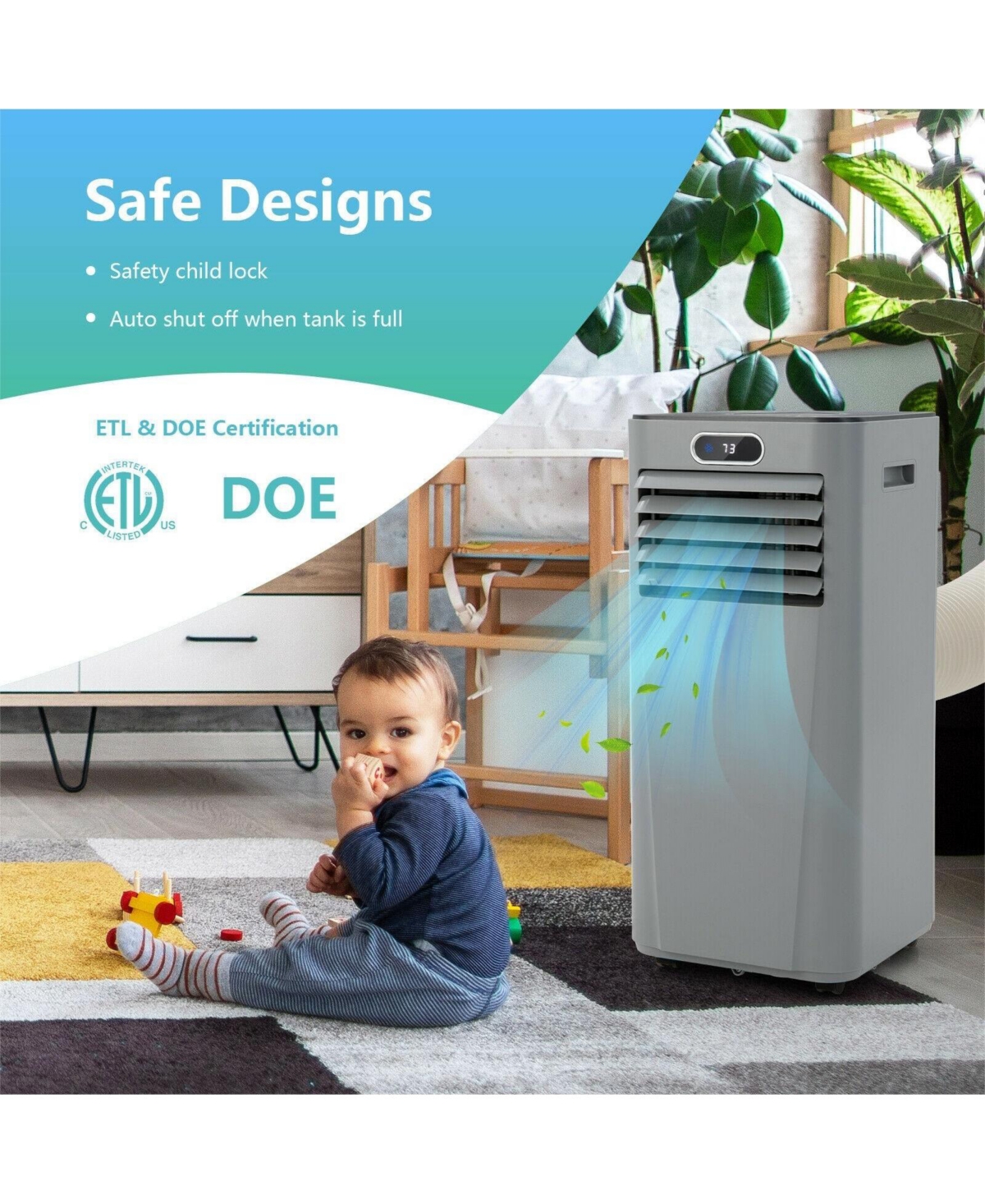 8000BTU 3-in-1 Portable Air Conditioner with Remote Control-Gray