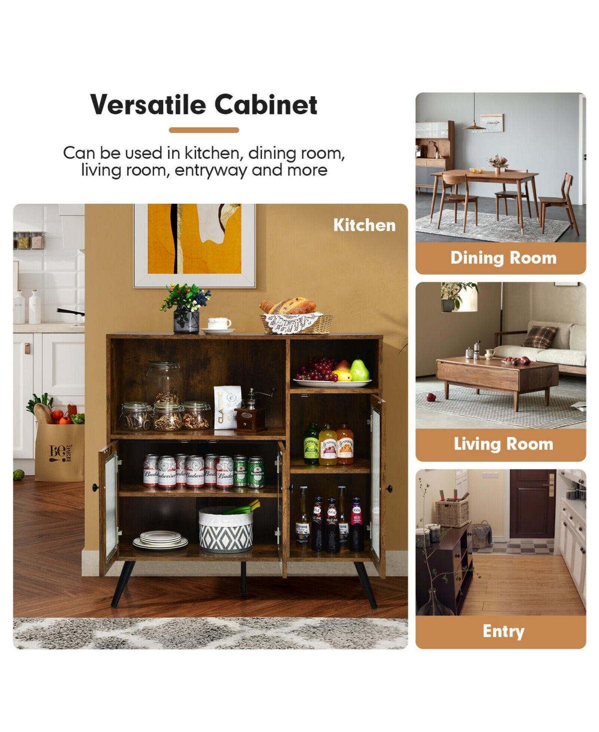 Sugift Buffet Storage Cupboard with Glass Door and Adjustable Shelves