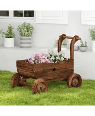 Decorative Wooden Wagon Cart with Handle Wheels and Drainage Hole