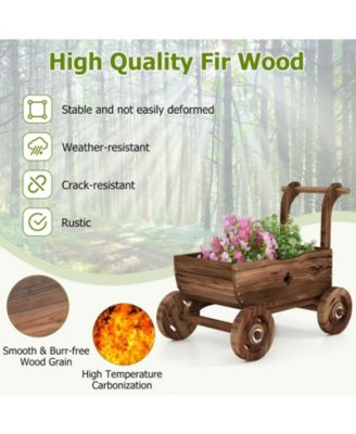 Decorative Wooden Wagon Cart with Handle Wheels and Drainage Hole