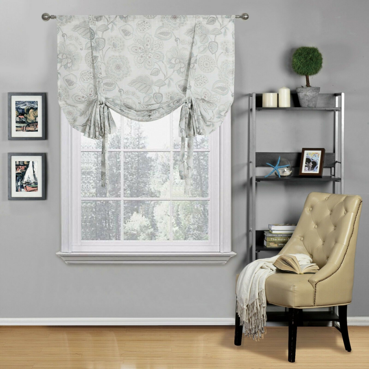 Kate Aurora Shabby Chic Floral Jacobean Sheer Single Tie Up Window Curtain Shade, 42in. W x 63in. L, Gray - Aqua