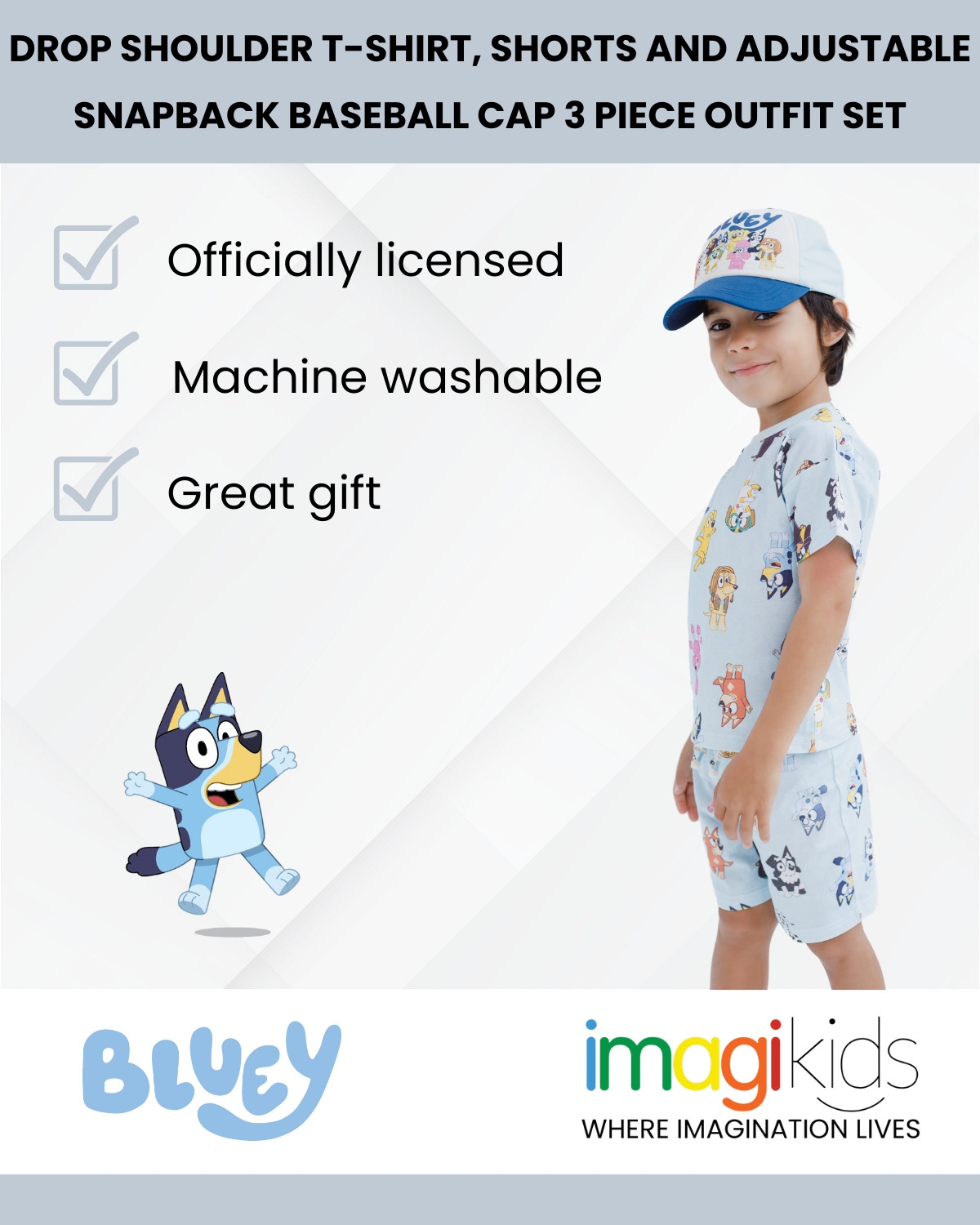 Bluey Toddler Boys Drop Shoulder T-Shirt French Terry Shorts and Adjustable Snapback Baseball Cap 3 Piece Outfit Set to - Bluey  friends