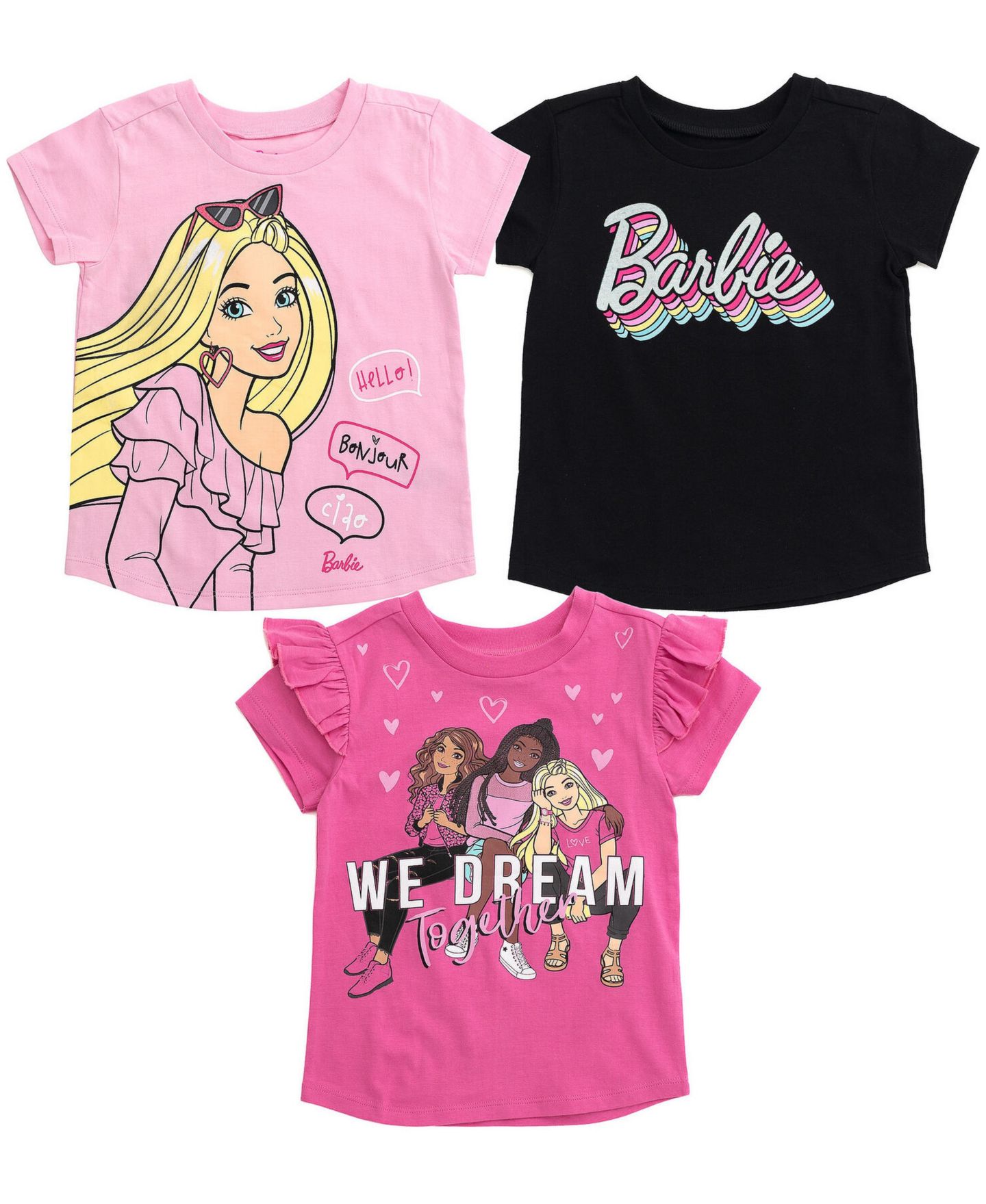 Футболки Barbie 3-Pack Short Sleeve для девочек, цвет: Розовый пурпурный чёрный — фото 1