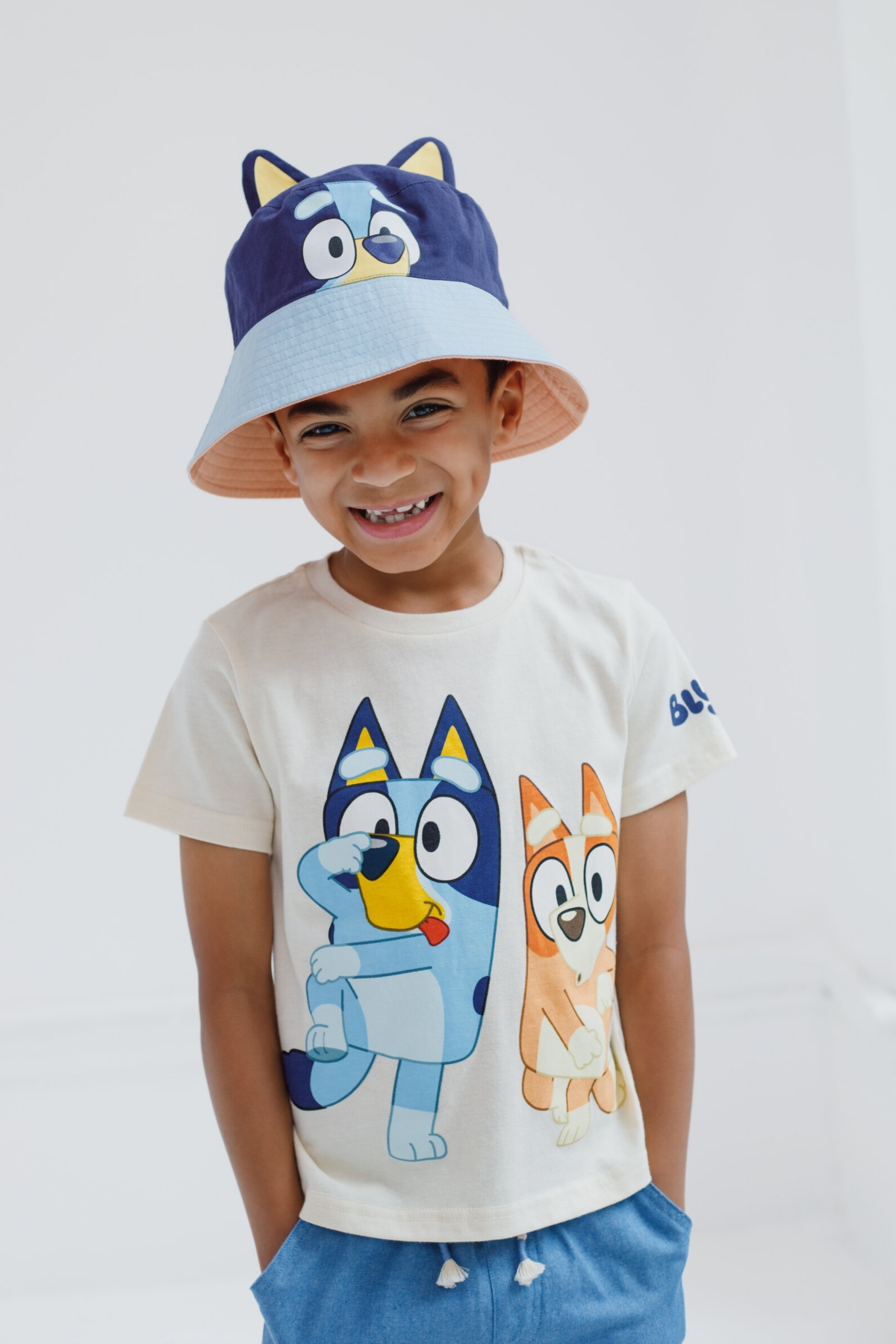 Bluey Toddler Boys T-Shirt Chambray Shorts and Twill Bucket Sun Hat 3 Piece Outfit Set -/ orange