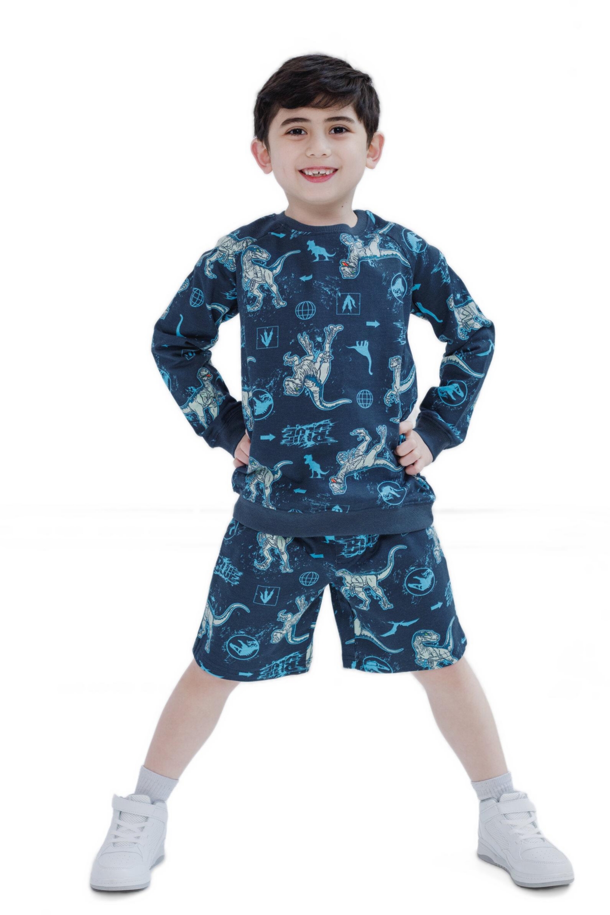 Jurassic World Boys Park Blue French Terry Sweatshirt and Bike Shorts to