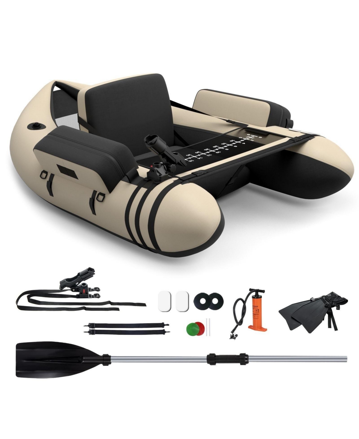 Inflatable Fishing Float Tube with Pump Storage Pockets and Fish Ruler-Beige - Beige