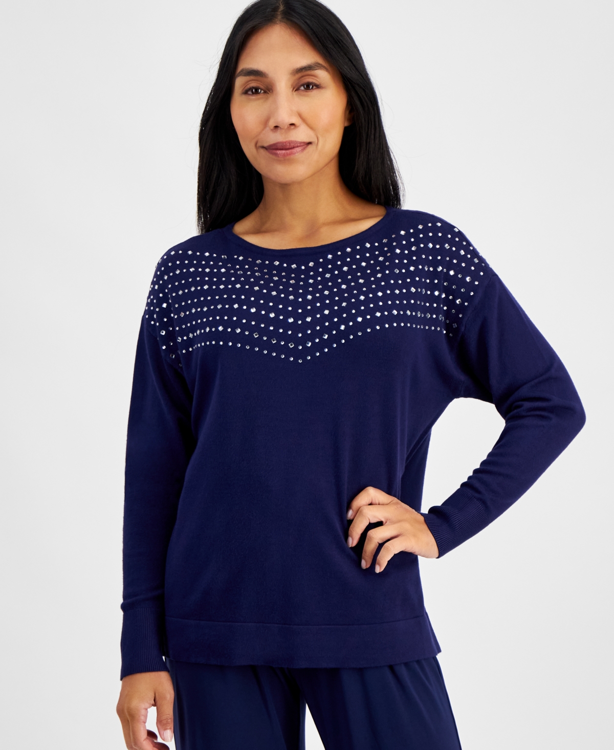 Shop Ak Anne Klein Petite Embellished Boat-neck Sweater In Midnight