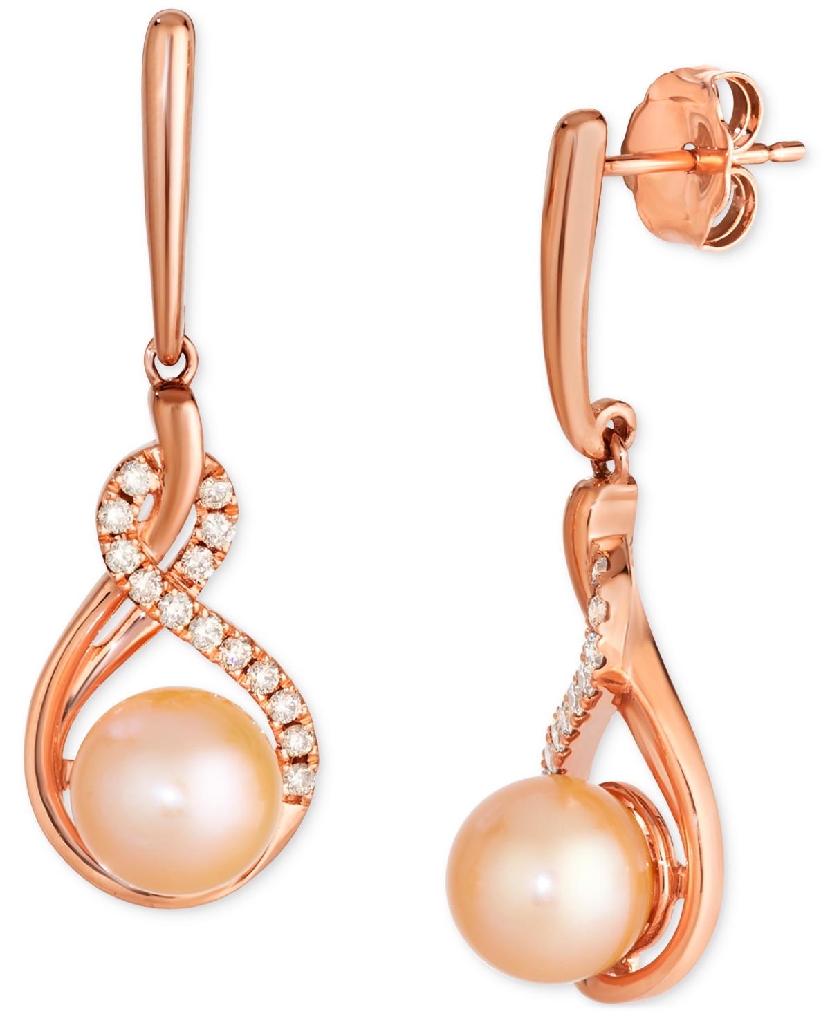 Le Vian Pink Freshwater Pearl (7mm) & Nude Diamond (1/5 Ct. T.w.) Twist Drop Earrings In 14k Rose Gold In 14k Strawberry Gold Earrings