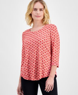 JM Collection - Petite Printed Round-Neck 3/4-Sleeve Top