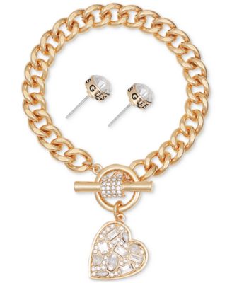 Gold-Tone Scattered Crystal Heart Charm Link Bracelet & Logo Stud Earrings Set