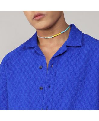 Men's Royal Blue Textured Geometric Oversized Shirt