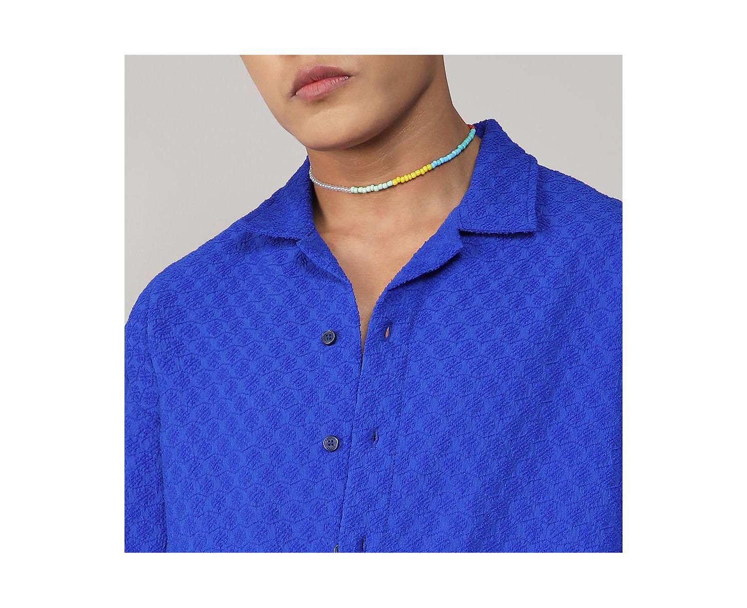Men's Royal Blue Textured Geometric Oversized Shirt