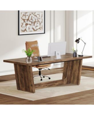 70.87-Inch Executive Computer Desk: Large Home Office Desk with Solid Wooden Pedestal, Industrial Wood Study Writing Table, Brown