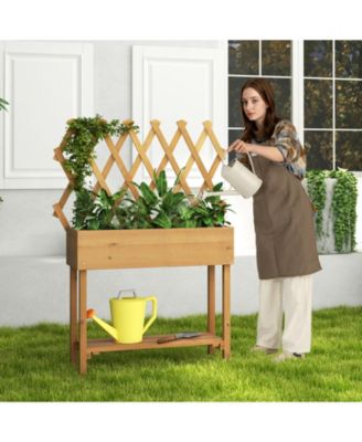 Wooden Rolling Raised Garden Bed with Trellis and Storage Shelf