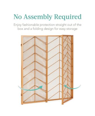 52x31in 3-Panel Iron Chevron Fireplace Screen, Spark Guard w/ Handles