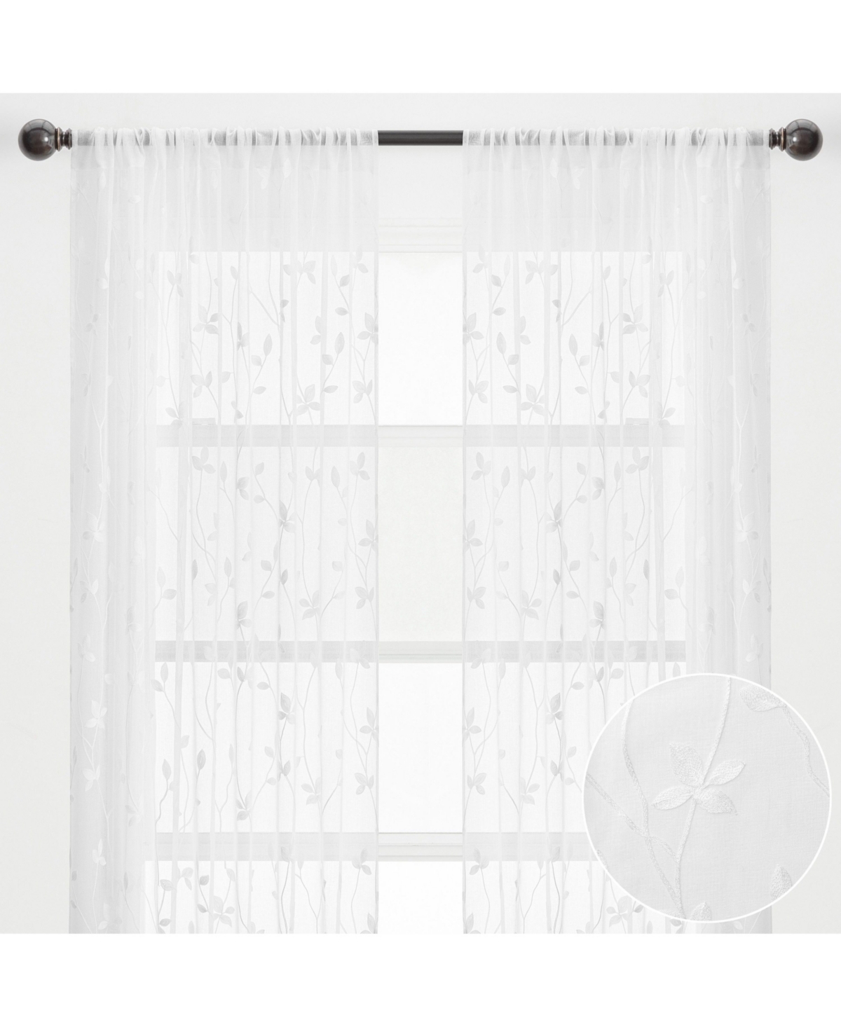 Premium Embroidered Vine Curtains - Sheer Curtains for Living Room, Bedroom, Kitchen - 52" x 96" - White, 2 Panels - Black