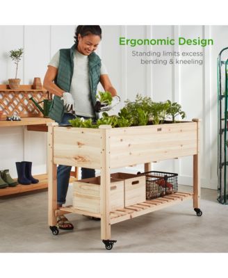 Raised Garden Bed 48" x 23" x 32" Wood Mobile Elevated Planter with Wheel Locks, Shelf and Liner