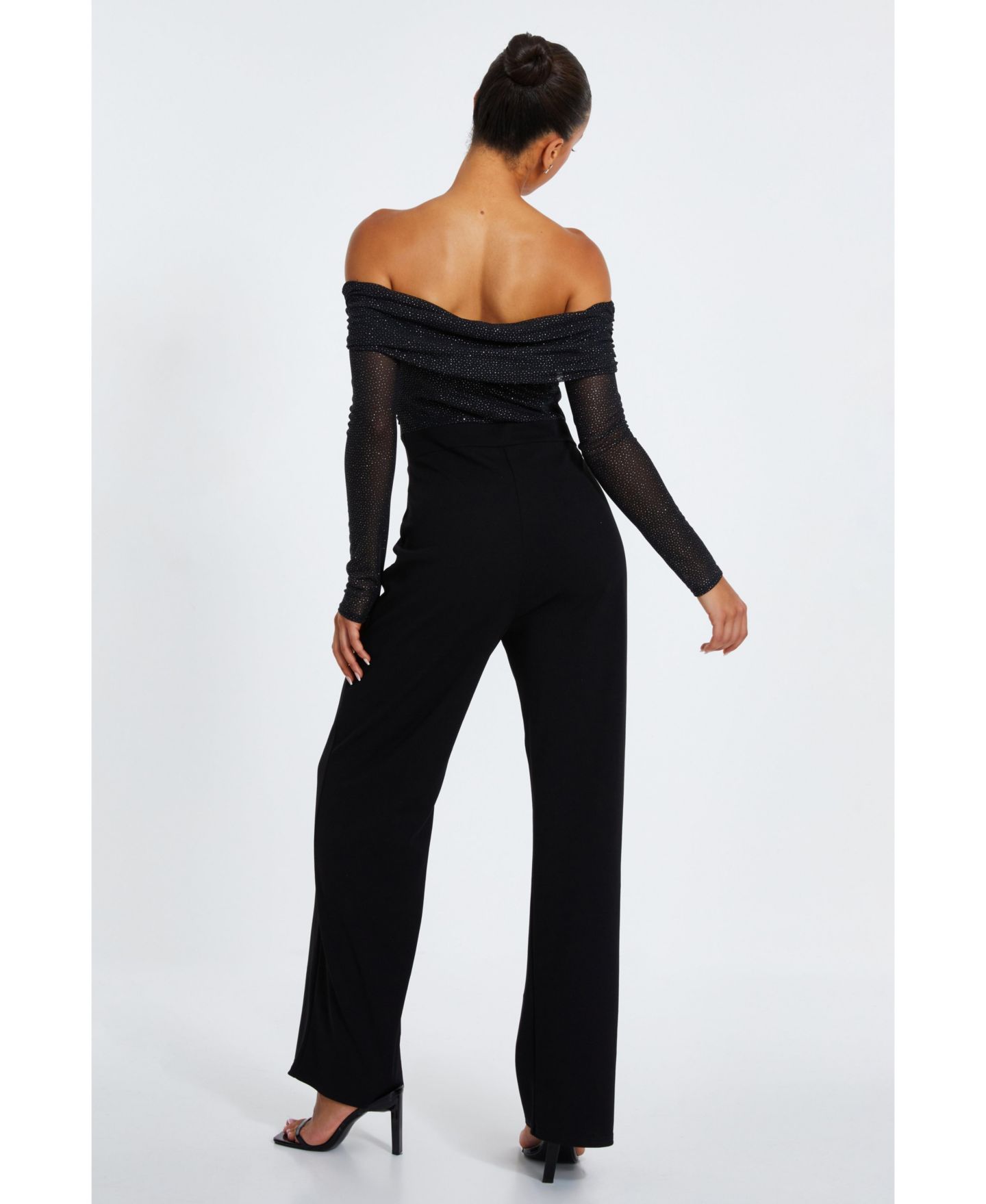 Женский комбинезон QUIZ Glitter Mesh Bardot Scuba Crepe Palazzo Jumpsuit, цвет: Чёрный — фото 3
