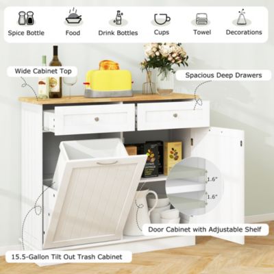 15.5 Gallon Kitchen Tilt Out Trash Cabinet Rubber Wood Tabletop 2 Drawers