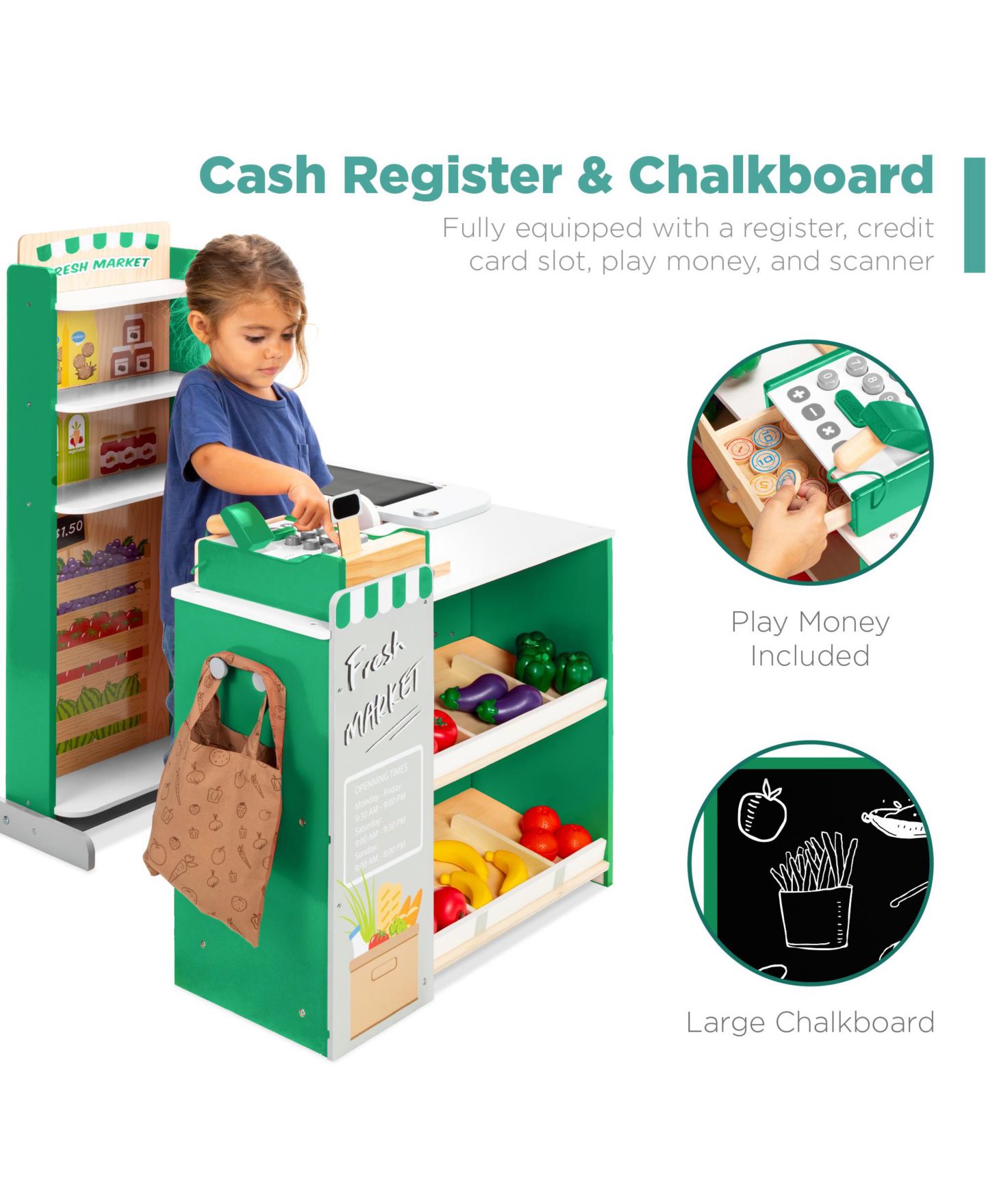 Детский игровой набор Best Choice Products Grocery Store Cash Register and Chalkboard 40+ Piece Playset, Ages 3+, цвет: Зелёный — фото 2