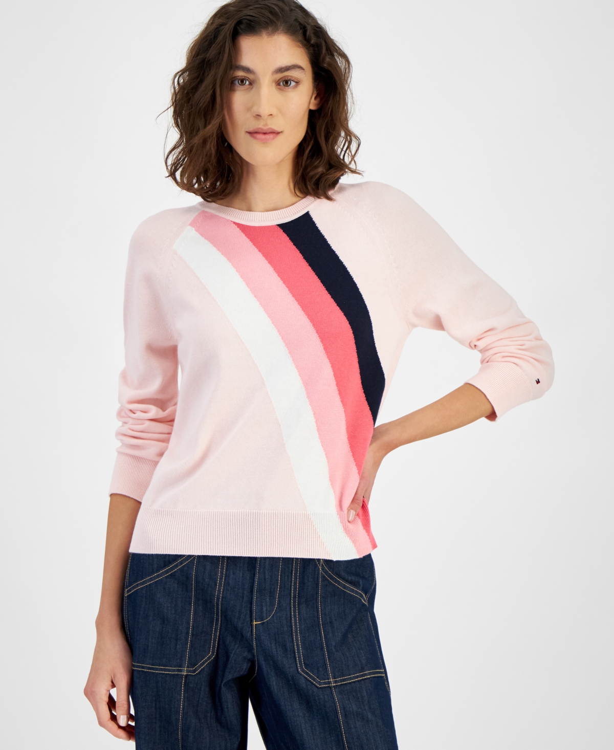 Women's Diagonal Stripe Crewneck Sweater - Pink