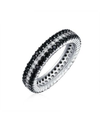 Pave Cubic Zirconia Two Tone 3 Row Stripe CZ Statement Black & White Eternity Band Ring .925 Sterling Silver