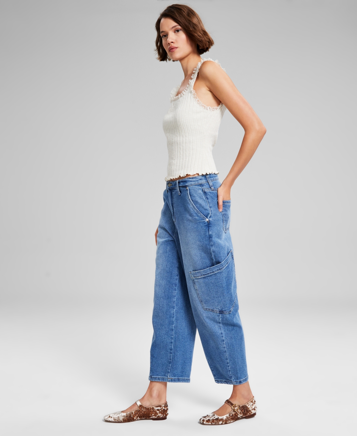 Shop And Now This Women's High-rise Barrel-leg Jeans, Created For Macy's In Medium Wash