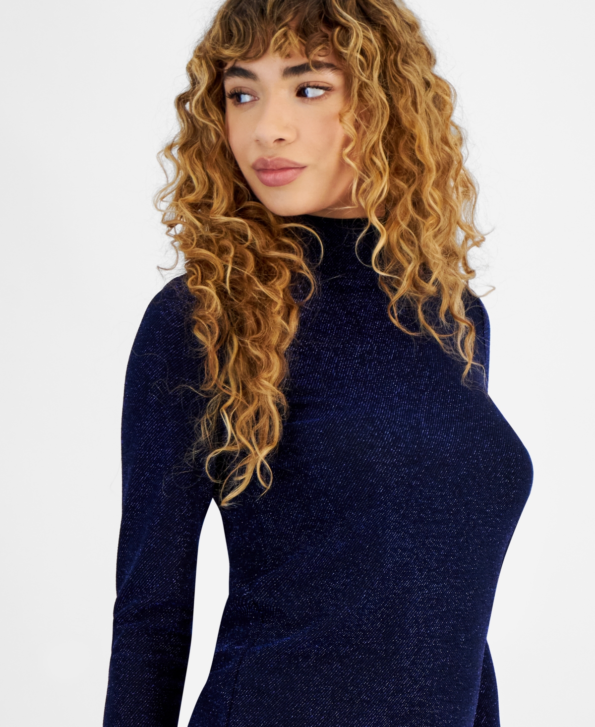 Bar Iii Women's Long-Sleeve Metallic Mock Neck Top, Created for Macy's -deep Blue