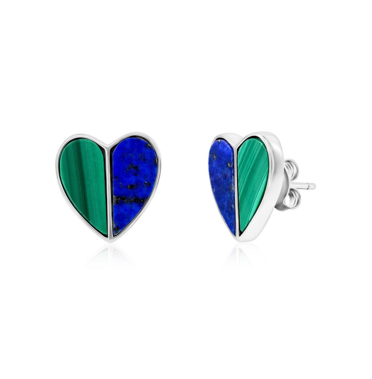Sterling Silver Half Malachite & Half Lapis Heart Stud Earrings - Lapis  malachite