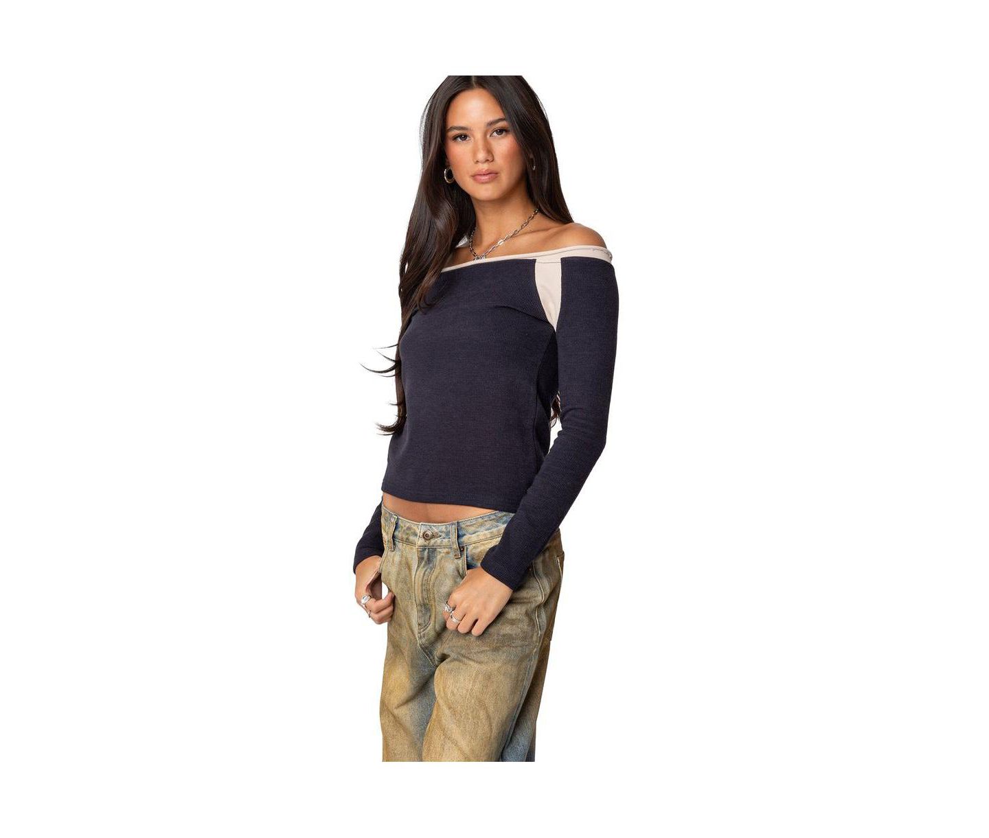 Женский топ Edikted Off Shoulder Thermal, цвет: Тёмно-синий — фото 3