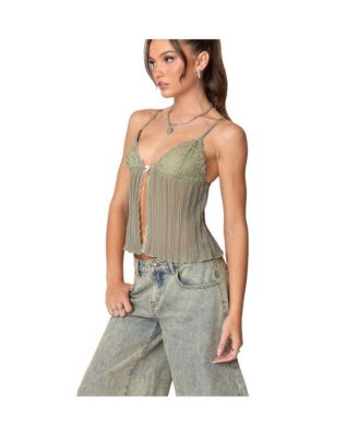 Womens Pleated Lacey Split Front Tank Top
