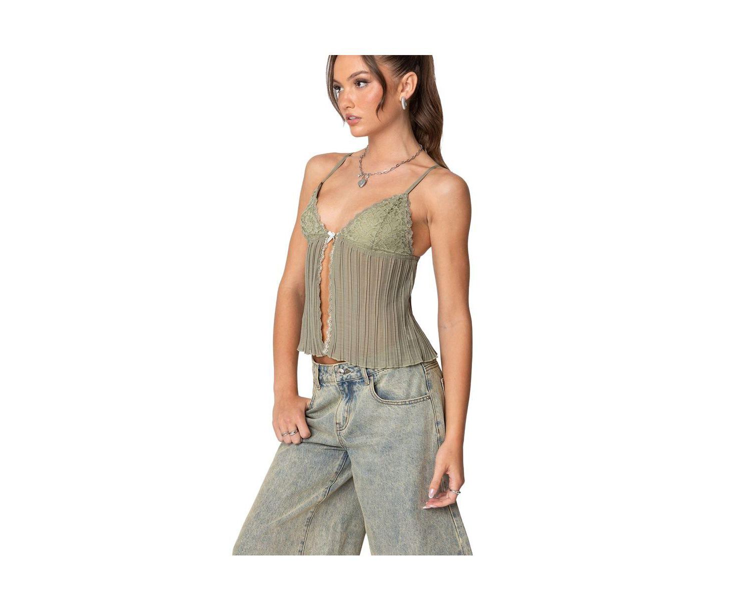 Womens Pleated Lacey Split Front Tank Top