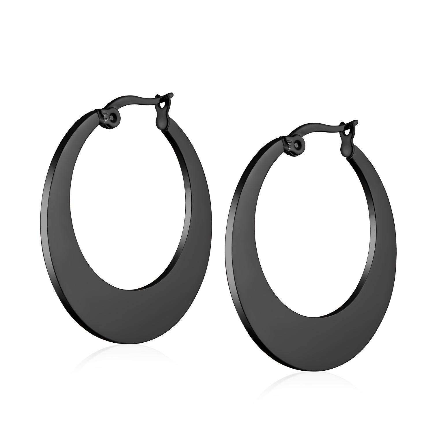 Big Flat Oval Hoop Earrings Black Plated Stainless Steel 1.25"