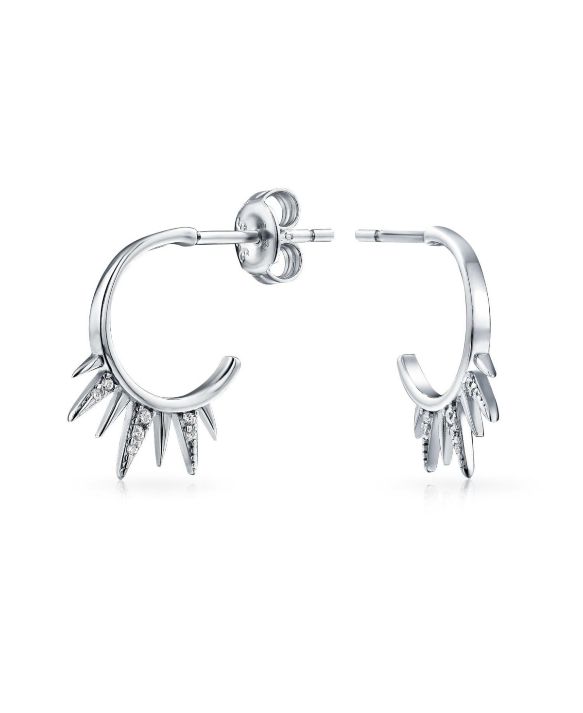 Bling Jewelry Punk Rocker Goth Biker Jewelry Points Arrow 5 Spike Half Hoop Stud Earrings Cubic Zirconia Pave Cz Accent .925 Sterling Silver