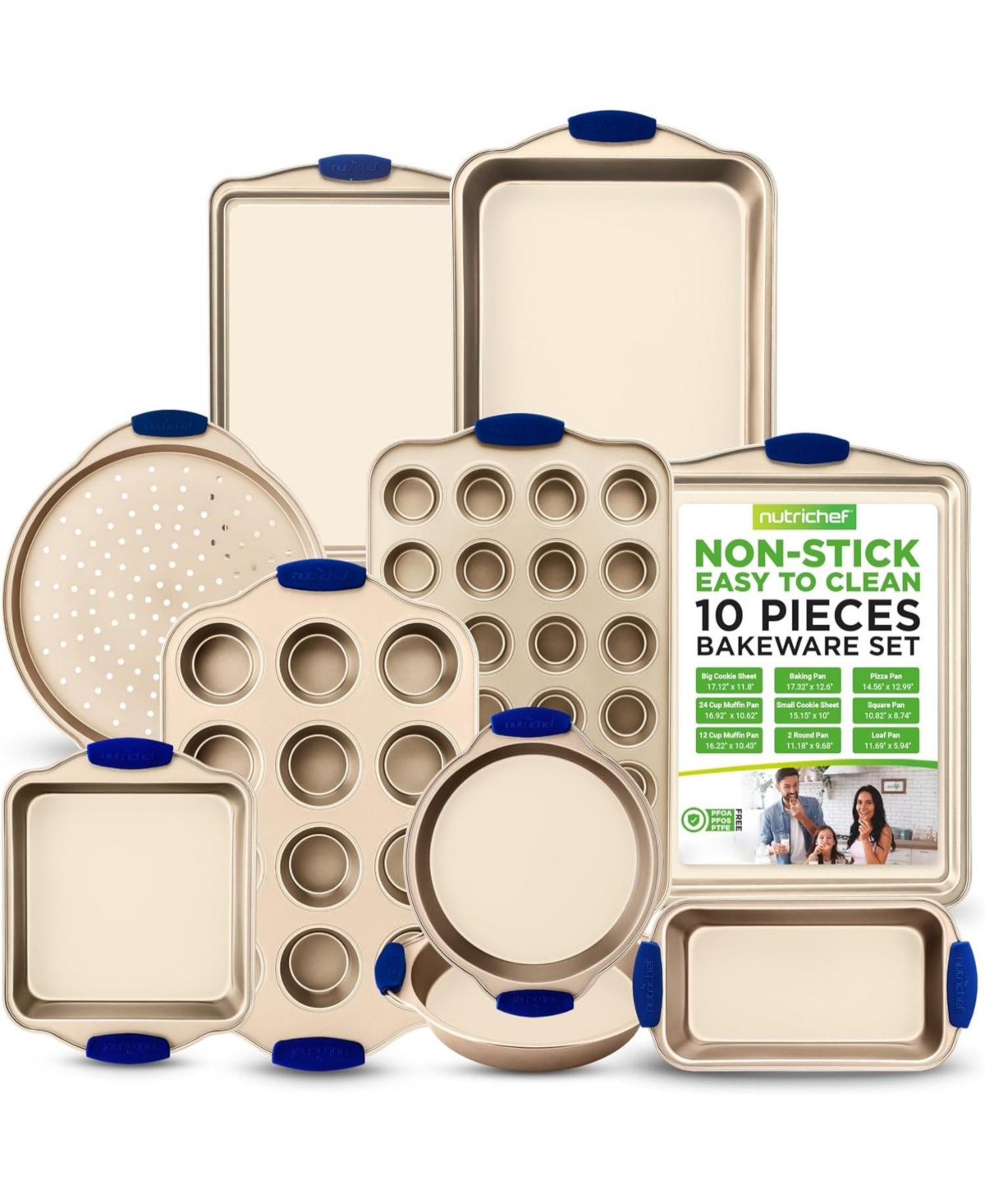 NutriChef Kitchen Oven Baking Pans - Deluxe Nonstick Carbon Steel Bakeware Set With Blue Silicone Handles - Gold