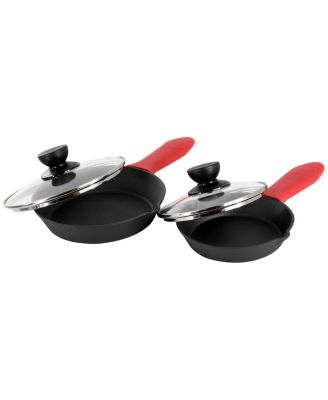13 Piece Cast Iron Skillet Set with Tempered Glass Lids and Silicone Holders