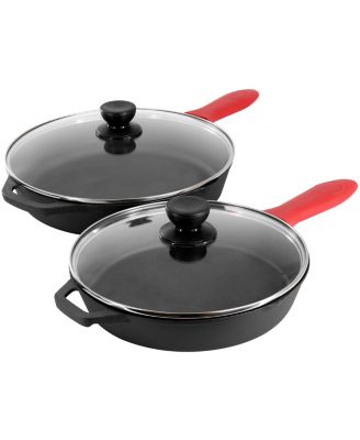 13 Piece Cast Iron Skillet Set with Tempered Glass Lids and Silicone Holders