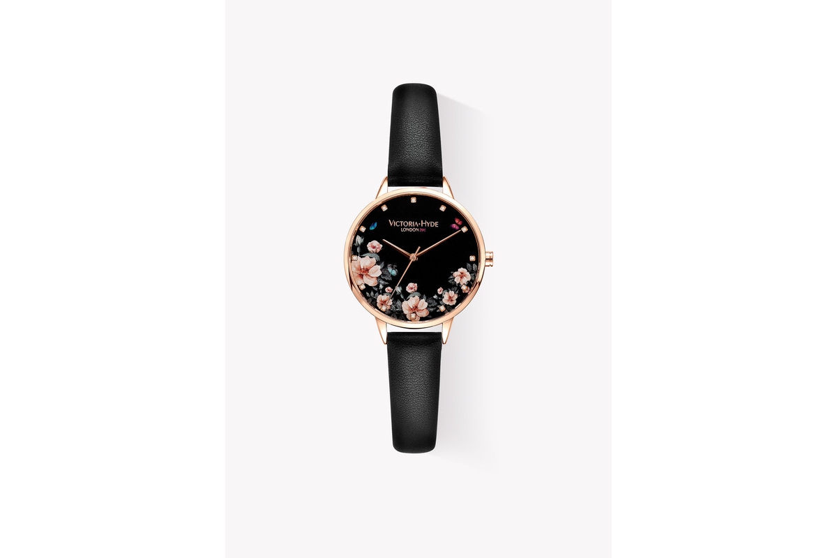 Victoria Hyde Watch Green Park Flower Leather - Black