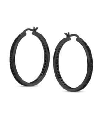 Black On Black Cubic Zirconia Pave CZ Large Statement Big Hoops Earring IP Plated .925 Sterling Silver 1.5 Inch Diameter