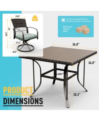 5-Piece Patio Outdoor Dining Set with Square Table and Rattan Swivel Chairs with Green Cushion