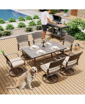 5-Piece Patio Outdoor Dining Set with Square Table and Rattan Swivel Chairs with Green Cushion