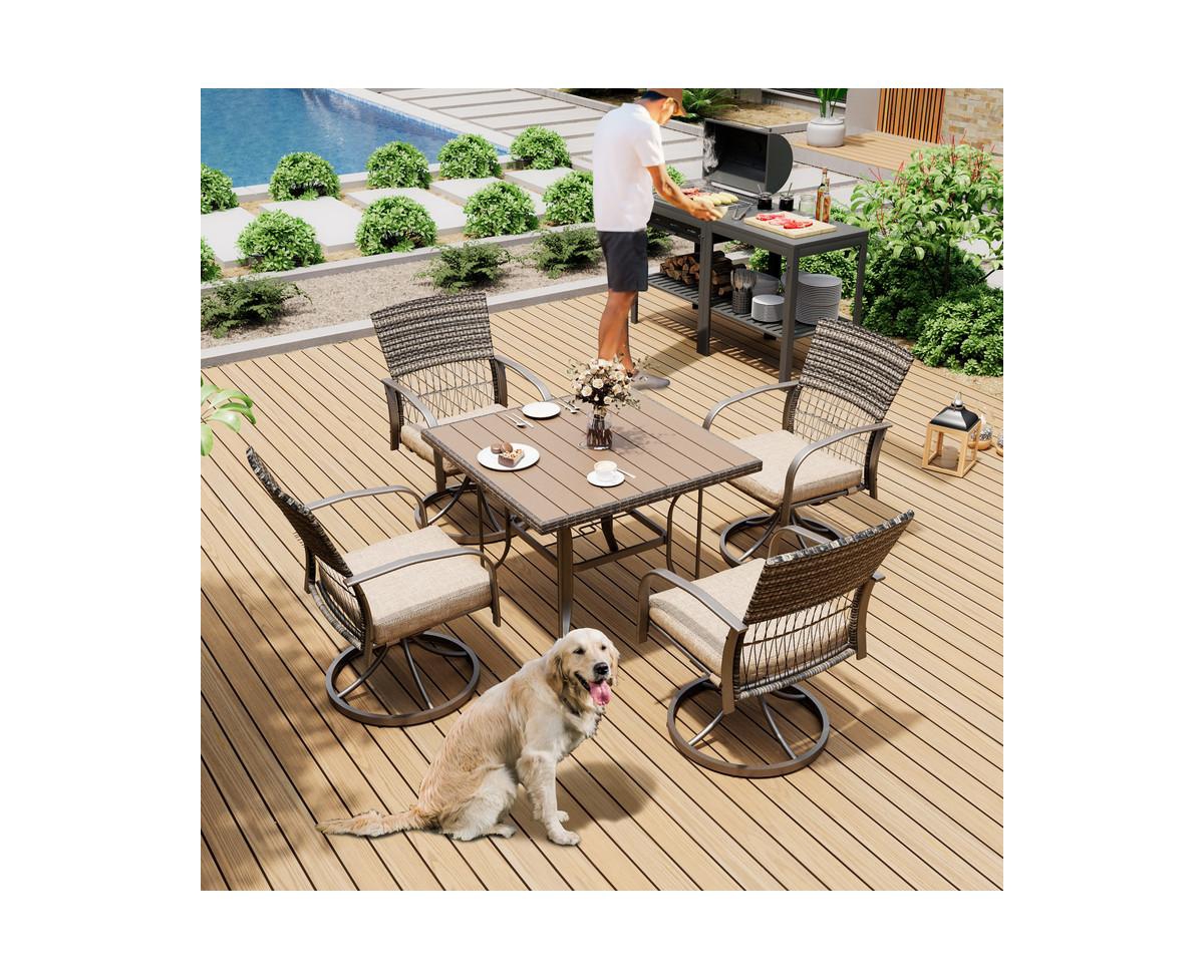 Pamapic 5-Piece Patio Outdoor Dining with Square Table and Rattan Swivel Chairs with Green Cushion