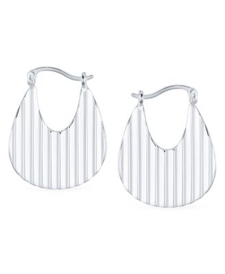 Geometric Modern Lightweight Oval Metal Ribbed Stripe Texture Medium Hoop Earrings .925 Sterling Silver 1 Inch Diameter