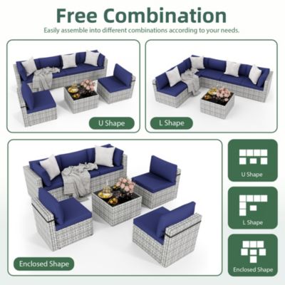 Gray 7-Piece Wicker Outdoor Sectional Set with Coffee Table and Cushions