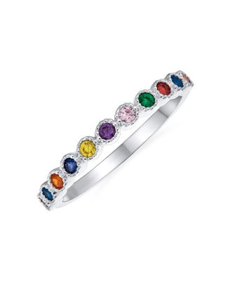  Cubic Zirconia LGBTQ Colorful Rainbow Tiny Round Multi Color CZ Half Eternity Ring  Thin Band For Women .925 Sterling Silver 1MM Stackable Rings