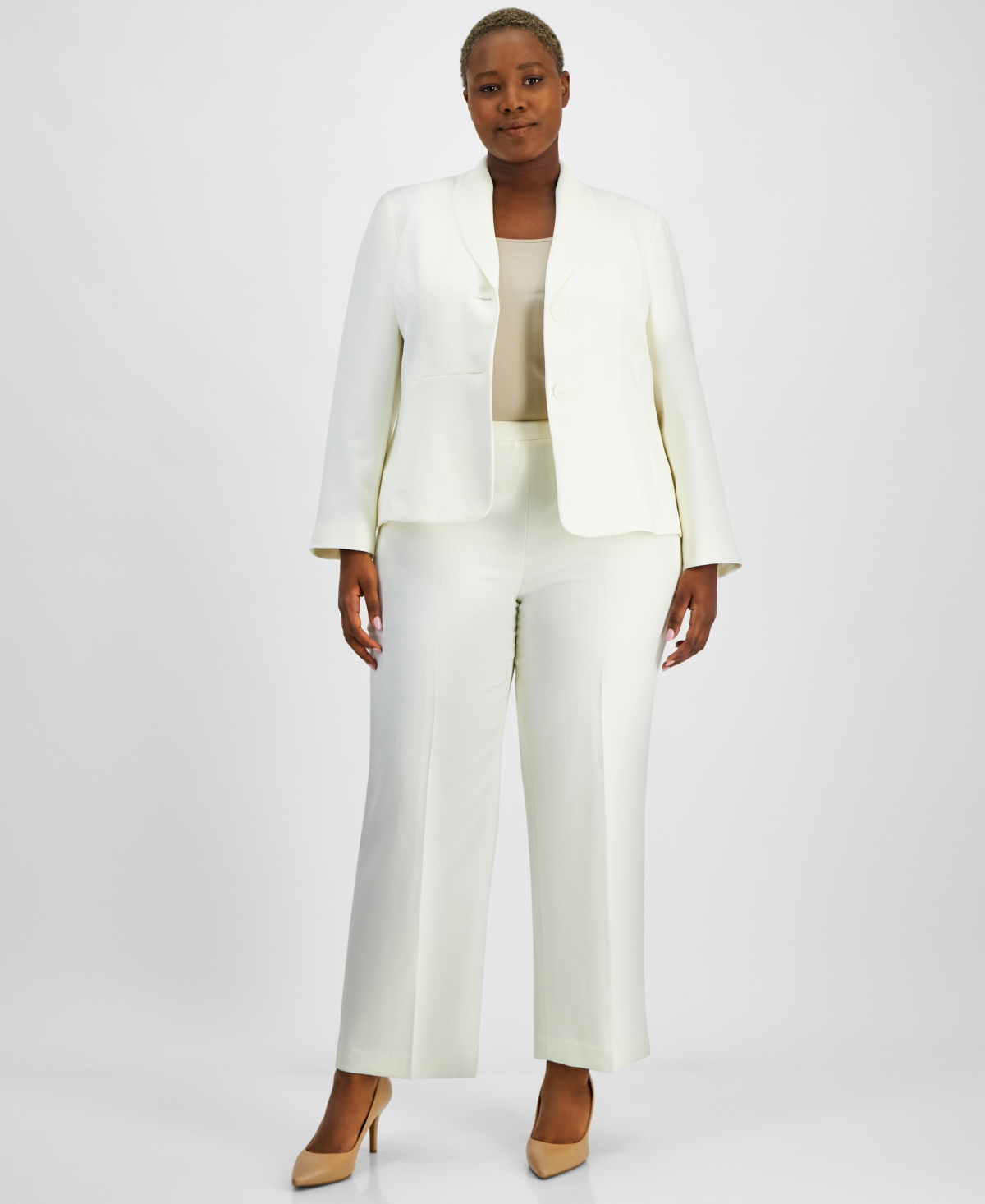 Plus Size Shawl-Collar Pant Suit - Dark Beige Multi