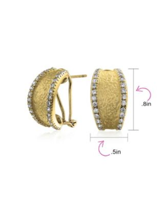 Fashion Matte Hammered Shrimp Half Hoop Earrings Cubic Zirconia Pave Edge CZ Accent Stabilizing Omega Clip