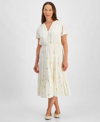 Style & Co - Petite V-Neck Lace-Trim-Tier A-Line Dress
